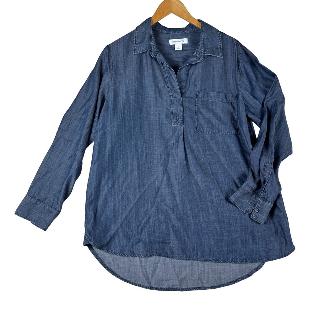Liz Claiborne Womens M Denim Tunic Chambray Long Sleeve Western Boho Cottage